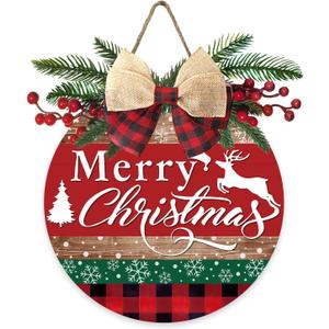 Deroro Merry Christmas Tree Deer Front Door Sign, Xmas Holiday Snowflake Plaid Wood Door Hanger Outdoor Outside Porch Decor, Farmhouse Wooden Wreath with Bow Red Berry Indoor Wall Hanging Decoration