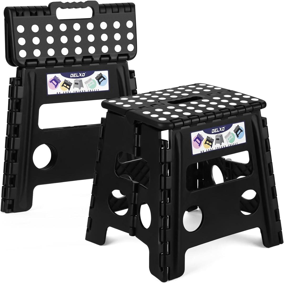 Delxo Folding Step Stool 13 Inch 2 Pack, Black Non-Slip Foldable Stools for Kids & Adults Up to 300 LBS, Step Stool with Handle, Lightweight for Kitchen/Bathroom/Bedroom/Garden