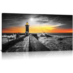 Kalormore Black and White Lighthouse Wall Art Coastal Sunset Picture Ocean Seascape Canvas Prints Landscape Beach Nature Paintings Living Room Bedroom Skyline Nautical Scenery Artwork