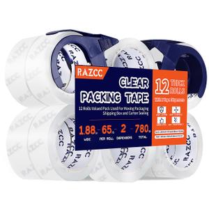 Packing Tape, 12 Rolls Clear Heavy Duty Packaging Tape with Dispensers for Packing, Shipping, Moving and Mailing, Thicker Sealing Tape-1.88" x 65 Yards Per Roll, 780 Total Yards