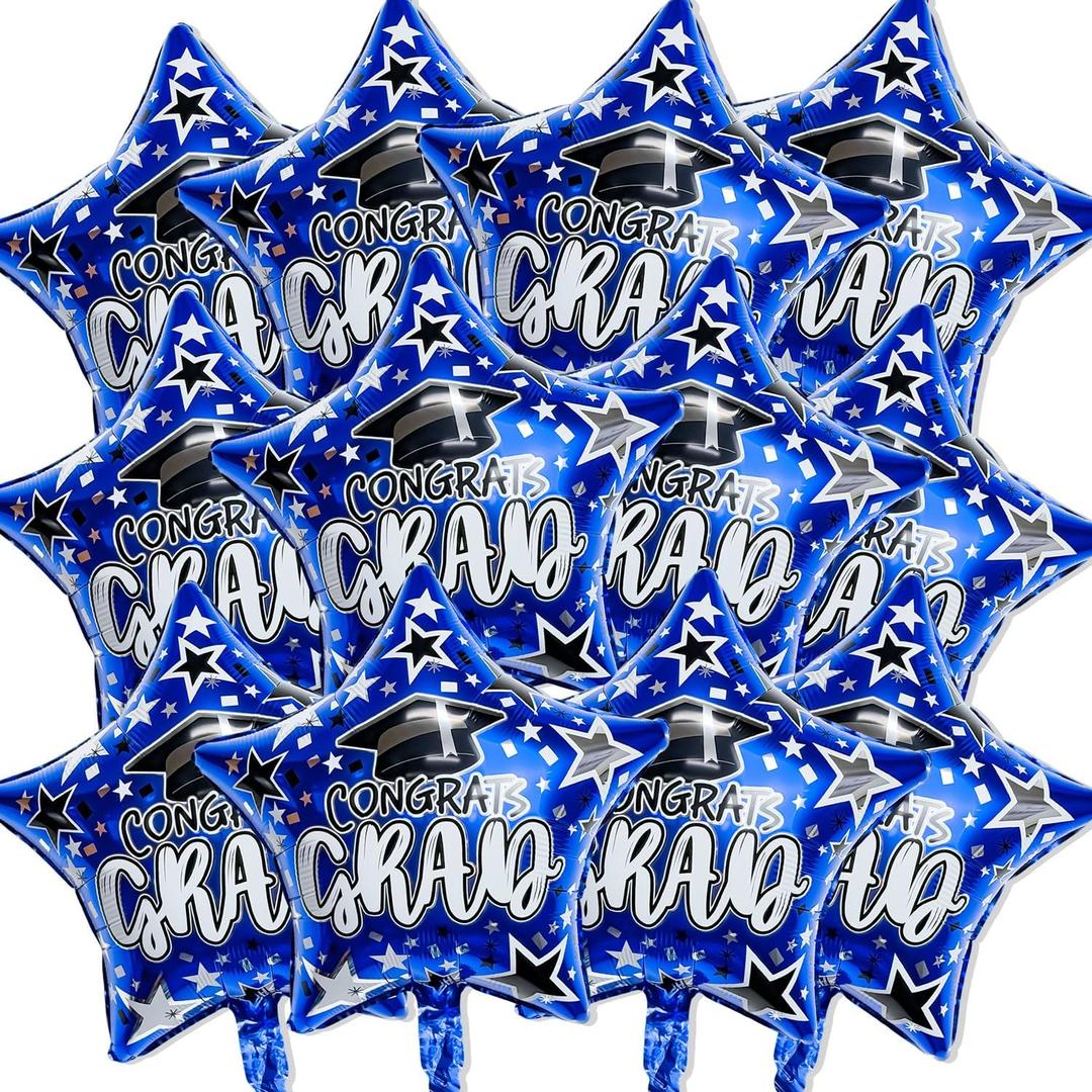 12 Pcs Congrats Grad Foil Balloons, Blue Star Graduation Mylar Balloons for Kindergarten High School College Graduation Party Decorations Supplies Grad Photo Props