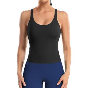 ATTRACO Women Ribbed Workout Crop Tops with Built in Bra Yoga Racerback Tank Top Tight Fit (6, Black) Medium