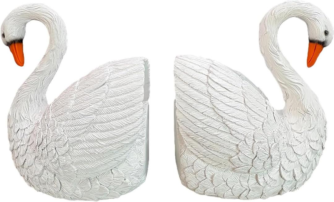 Swan Bookends Set of 2, White Resin Swan Figurine Book Ends for Shelves, Decorative Book Holders for Home Office, Heavy Duty Swan Decor for Living Room, Desktop Organizer Book Stoppers
