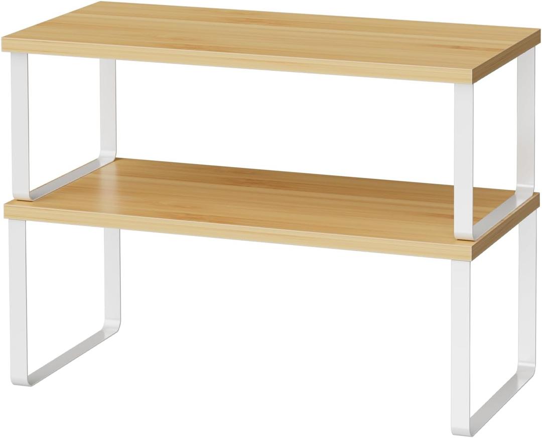 Cabinet Shelf Organizers, 15.7 inches Large Kitchen Counter Shelf, Set of 2 Wood Kitchen Pantry Organizer, Storage Shelves for Countertop, Spice Rack, Stackable, Expandable, Metal White, Nature