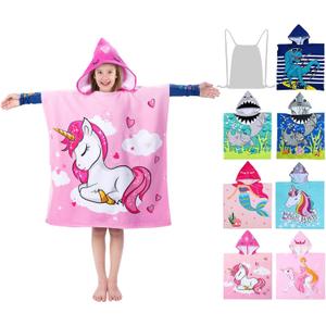 Hooded Kids Beach Towels - Toddler Bath Towel Girls Boys Swim Cover-ups for Ages 4 to 10 Kids Pool Towels Quick Dry Lightweight Soft Microfiber Poncho 30x30 with Bag (Pink Unicorn)
