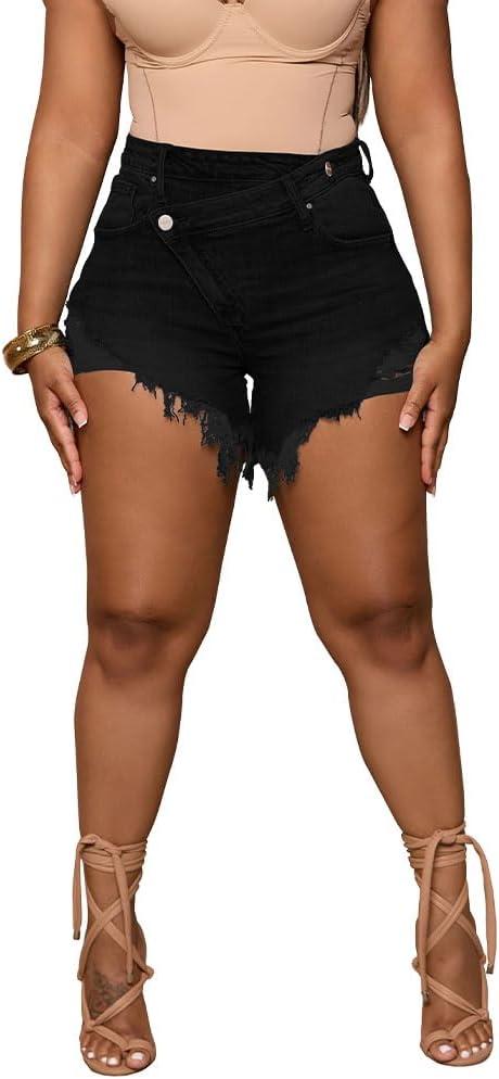 PINSV Women's High Waisted Crossover Denim Shorts (X-Large, Black) PINSV Women's High Waisted Crossover Denim Shorts (X-Large, Black)