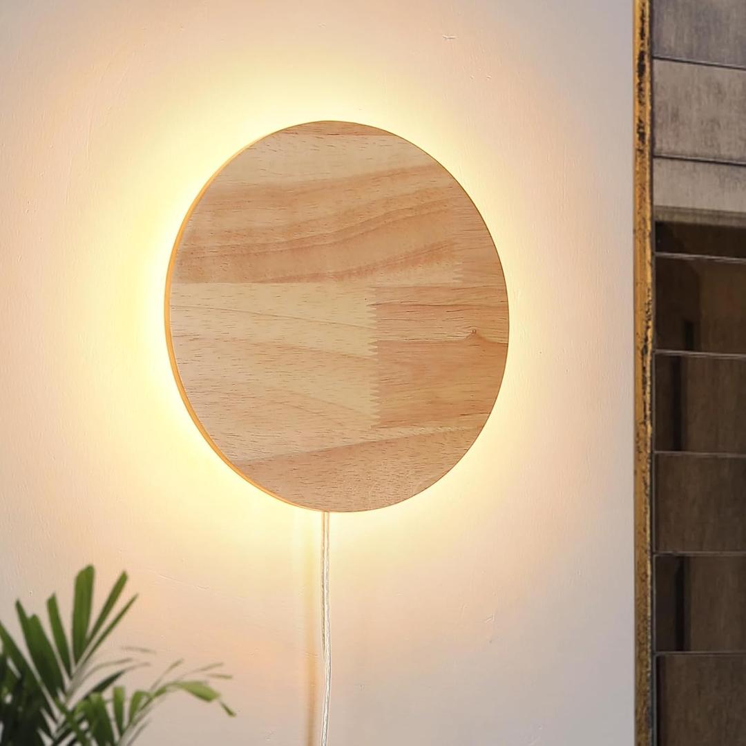 Modern Minimalist Plug in Wall Sconces, Plug-in Or Cordless 11.8'' Round Wood Backlight LED Wall Lamp, 25W, 2500LM Warm White Brightness Wall Light Fixtures for Bedroom, Living Room Wall Decor (Large)