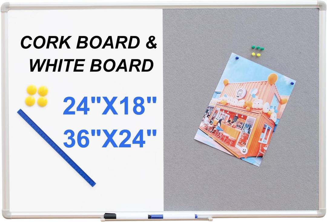 DEVELOP Grey Felt Bulletin & Magnetic Dry Erase Combo Board, 24 x 18 Inch, Wall Mounted Whiteboard/Grey Felt Bulletin Combination Board with Marker Tray, Pins, Eraser, Markers & Magnets