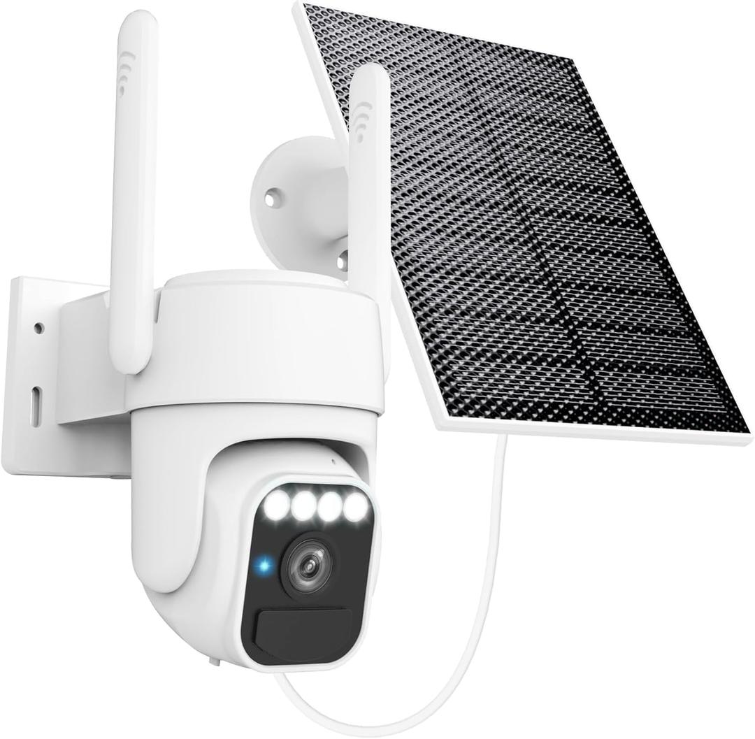 WY-LINK Solar Camera Outdoor Wireless, 360° Cameras for Home Security, Two-Way Talk, Auto Tracking, Light Alarm, Color Night Vision (1, White, Wi-Fi)
