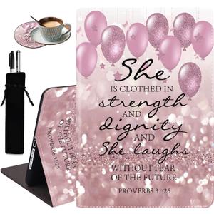 for iPad 10.2/10.5 Case，with Coaster Adjustable Stand Auto Wake & Sleep Smart Cover for iPad 9th / 8th / 7th(2021/2020/2019) 10.2 inch/iPad Air 10.5" - Bible Verses Proverbs 31:25 (Pen Bag)