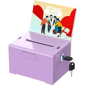 Uniclife Acrylic Donation Box with Lock and Sign Holder Purple Ballot Box with Slot Plastic Suggestion Boxes Tip Jar Cash Storage Container Drop Chest for Fundraising Voting Raffle, 6.2" x 5" x 4" (1 Pack)