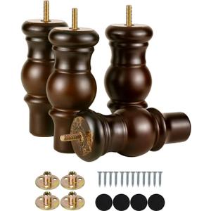 Maricome 6 Inch Wood Legs Predrilled M8 Bolt Turned Round Bun Feet Wooden Furniture Legs Set of 4