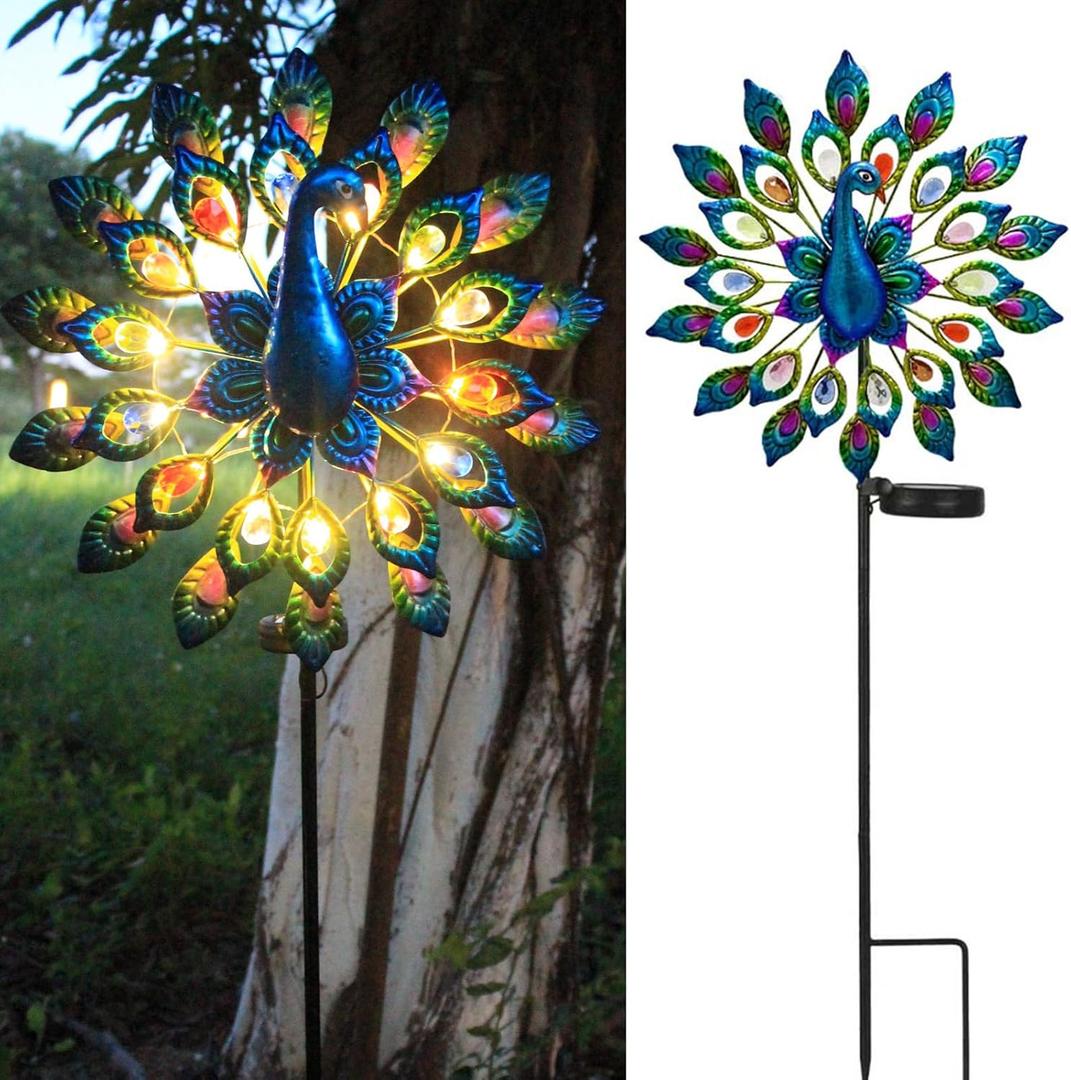 Solar Peacock Wind Spinner Metal Windmill | Solar Garden Stake Lights Decorative for Outdoor Patio Lawn Porch Yard, Gift for Mom Women BirthdayPeacock Wind Spinner