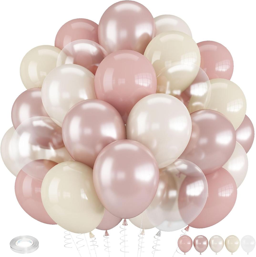 Froova Dusty Pink Balloons, 12 Inch Double Stuffed Blush Pale Light Pink and Pearl Balloon Clear Balloon for Women Girls Baby Shower Bridal Shower Wedding Boho Birthday Party Decorations