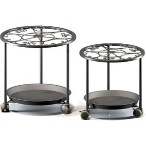TOSKING 2-Pack Black Round Rolling Plant Caddies with Water Tray – Metal Stands with Wheels, Elegant Floral Pattern, for Indoor Planters (14" & 12")