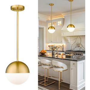 LMS Modern Pendant Lighting Gold Globe Pendant Light Fixture, Mid Century Chandelier One Light Hanging Fixture for Kitchen Island, Adjustable Indoor Lighting for Dinning Room Bedroom, LMS-187, 8" White Glass, 1 Pack