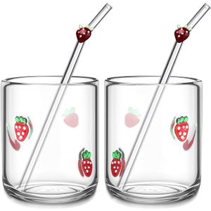 Skylety 2 Set Strawberry Icon Juice Glass Cups - Icon Glass Cup with 2 Straw 14 oz Double Old Fashioned Cute Pattern Glassware for Tea, Water, Milk, Coffee, Parties Gifts