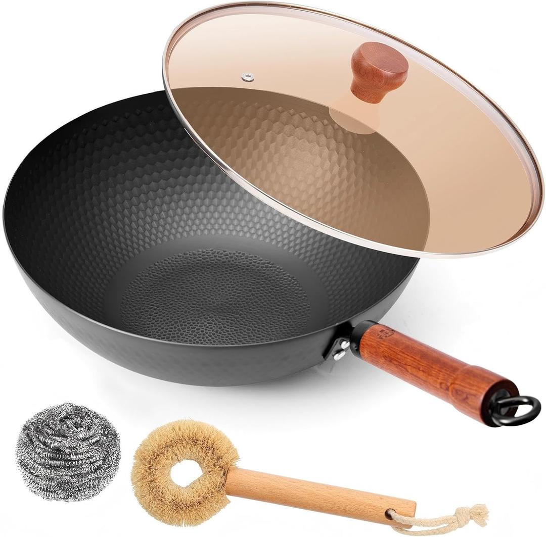 WANGYUANJI 12.6" Iron Wok with Lid, Flat Bottom Nonstick Wok Pan with Detachable Wooden Handle, Chinese Stir Fry Pan for Induction, Gas and Electric Stoves