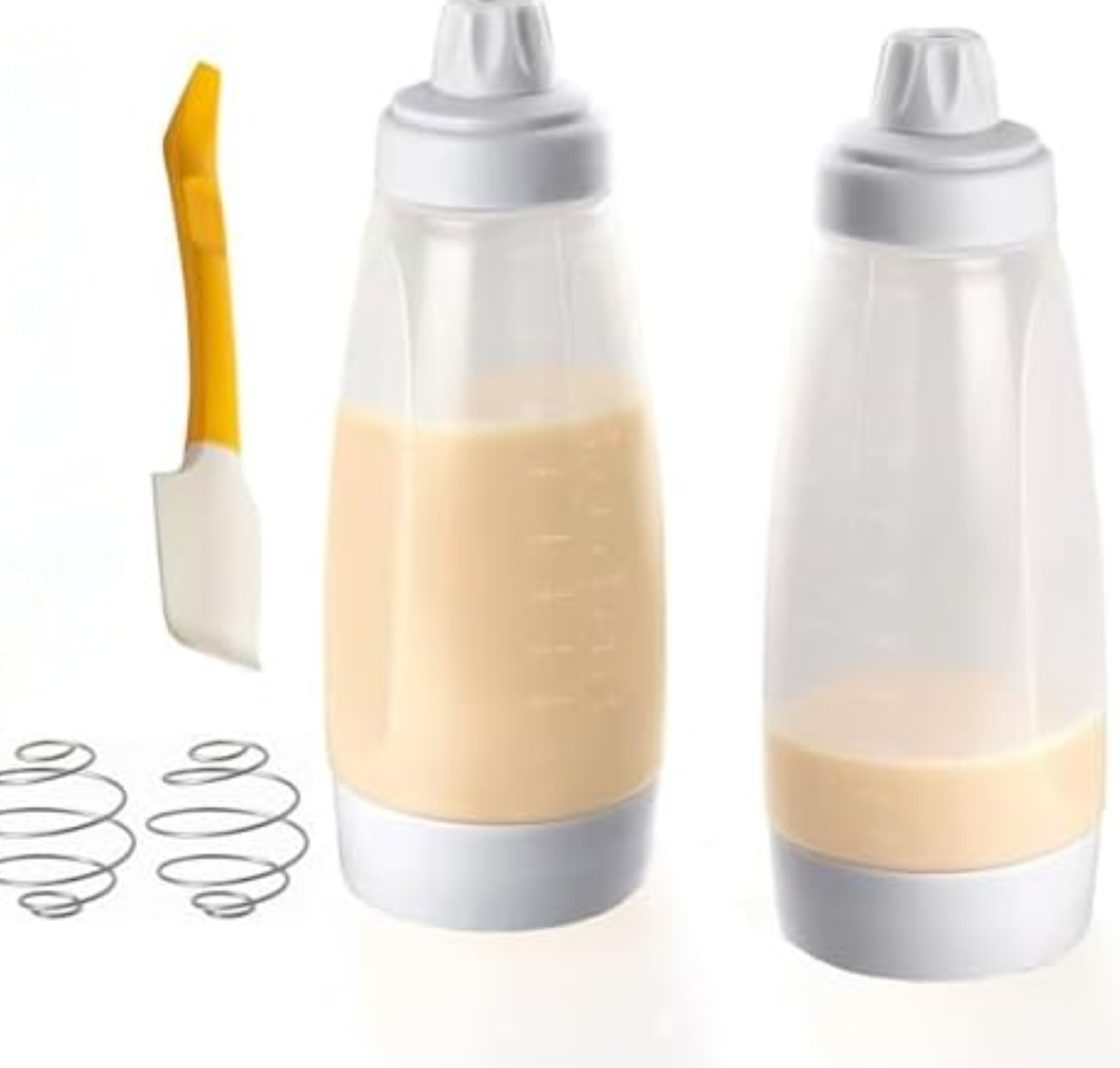 2 Packs Pancake Batter Dispenser, Pancake Mixer Bottle with Silicone Spatula and Spoon, Kitchen Squeeze Batter Dispenser and Mixer for Pancakes, Waffles, Crepes, Muffins, Cupcakes