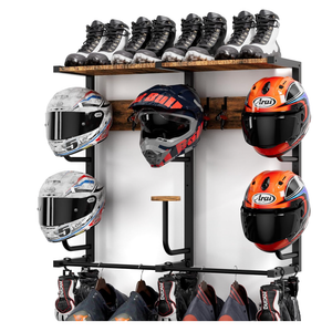 Motorcycle Helmet Rack with 6 Jhooks& 6 Clip Hooks – Wall Mounted Helmet Holder Stand for 6 Helmets, Riding Suits & Accessories, Sturdy Construction Storage Organizer for Entryway or Garage