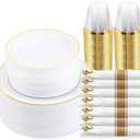 350 Piece Gold Dinnerware Set,100 Plastic Plates, 50 Cups,50 Pre-Rolled Napkins with Plastic Silverware, Disposable Gold Dinnerware Set for 50 Guests