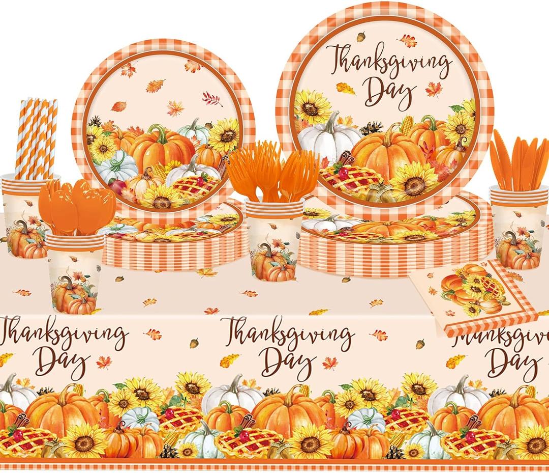 High-end Maple Leaf Pumpkin Tableware Set for Fall Thanksgiving Party Supplies - 161 Pcs Thanksgiving Harvest Disposable Dinnerware Sets of Dessert Plates Cups Napkins Knives Spoons Forks Tablecloth (Orange 2)