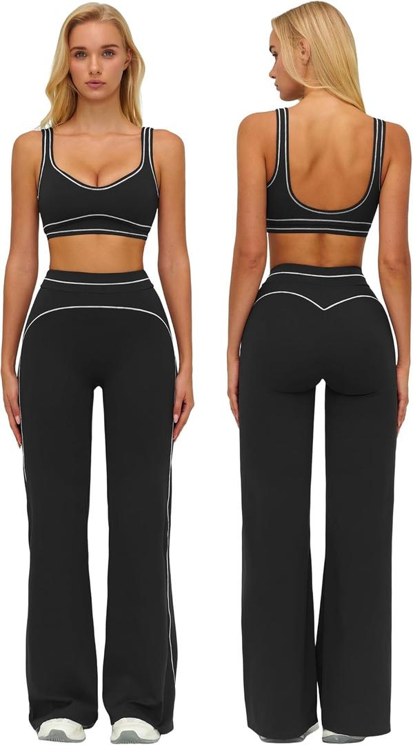 ABOCIW Two Piece Workout Sets for Women Racerback Tank Top Matching High Waist Wide Leg Yoga Pants Pilates Outfits, Black Size 0-2