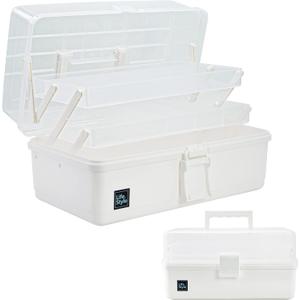 Creahaus 13 inch Art Craft Organizer Storage Box with 3 Layer, Multipurpose Plastic Tool Box with Handle for Sewing, Art Supply, Medicine, Nail, Hair Accessories (White)