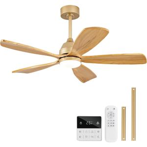 48 Inch Ceiling Fans with Lights and Remote, 5 Blades Wood Ceiling Fan with Light, Dimmable, Wall Switch, Reversible DC Motor, Modern Indoor Outdoor Ceiling Fans for Patios Bedroom (Gold) (Natural Wood Downrod Mount)