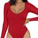 REORIA Women's Basic Sexy V Neck Double Lined Long Sleeve Slimming Going Out Thong Bodysuits Tops (Beige, S)