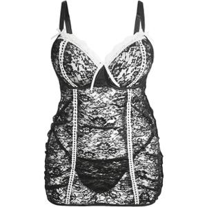 Verdusa Women's Plus Size 2 Piece Lace Lingerie Set Criss Cross Cut Out Cami Dress with Thong (Black, XXXL)