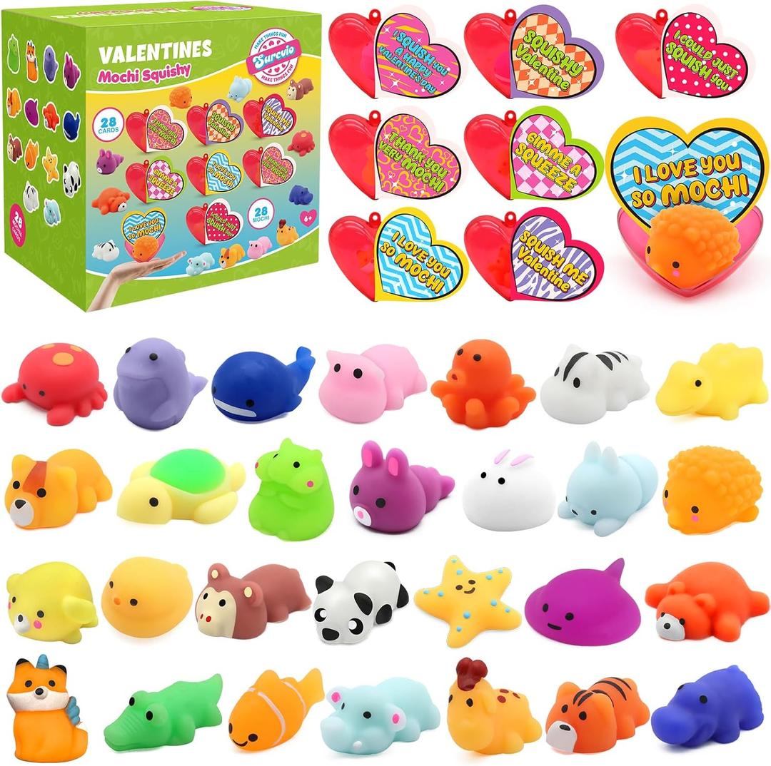 28 Pack Valentines Day Gifts for Kids, Animal Mochi Squishies Filled Heart-Shape Box and Greeting Cards Kawaii Squishies Stress Relief Fidget Toys Classroom Exchange Party Favors Prizes Gifts