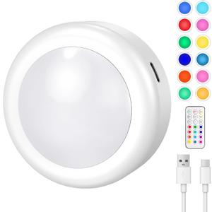 Cadrim Under Cabinet Lighting, Rechargeable Puck Lights with Remote Control, 13 Colors RGB LED Rechargeable Night Light, 1000mAh Battery Operated Wireless Push Light, Magnetic Stick-on Design (1pcs)