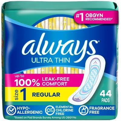 Always Ultra Thin Feminine Pads with Wings for Women, Size 1, Regular Absorbency, Unscented, Up to 100% Leak-Free Protection, 46 Count