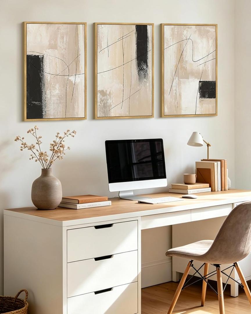 KUVIOKE Abstract Framed Wall Art Minimalist Beige Pastel Watercolor Neutral Wall Decor Modern Black Line Art Painting Home Decor 16x24in (Natural Framed)