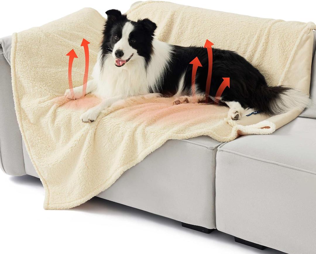 Bedsure Extra Large Dog & Cat Blanket - XL Waterproof, Washable Sherpa Fleece Puppy Blanket, Soft Plush Reversible Throw Furniture Protector, 50x60, White (Antique White-self Warming)