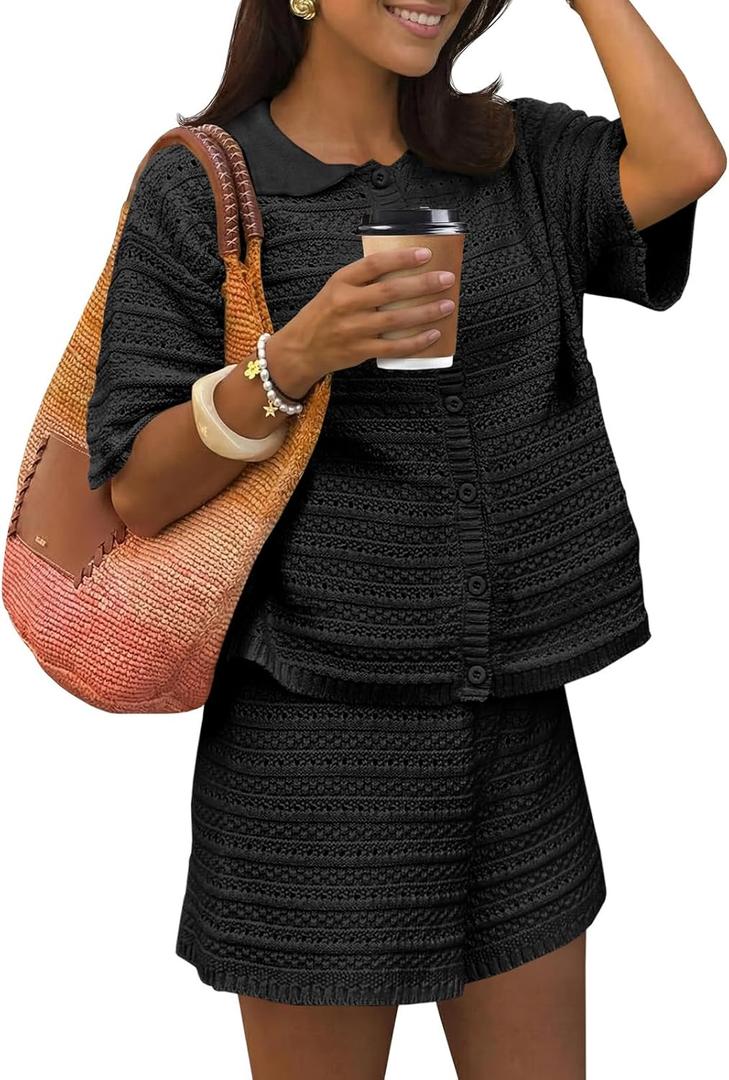 Fisoew Womens Summer 2 Piece Crochet Beach Outfit Cover Ups Button Cardigan Loose Knit Shorts Sets Vacation Swimsuit (Black, XXL)