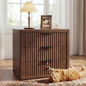 Fluted Nightstand with 3 Drawers, 23" Wide Modern Night Stand, Tall Bed Side Table with Metal Handle, Large Storage End Table, Nightstand for Bedroom, Living Room, Office, Walnut