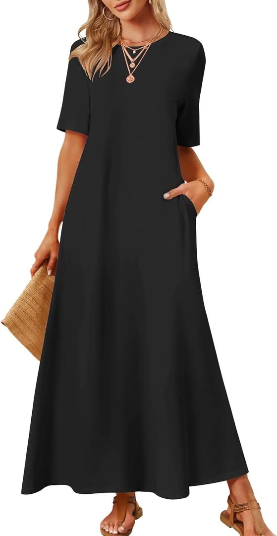 MEROKEETY Women's 2025 Summer Maxi Dress Casual Short Sleeve Beach Vacation Crewneck Basic Long T Shirt Dresses (Large, Black)