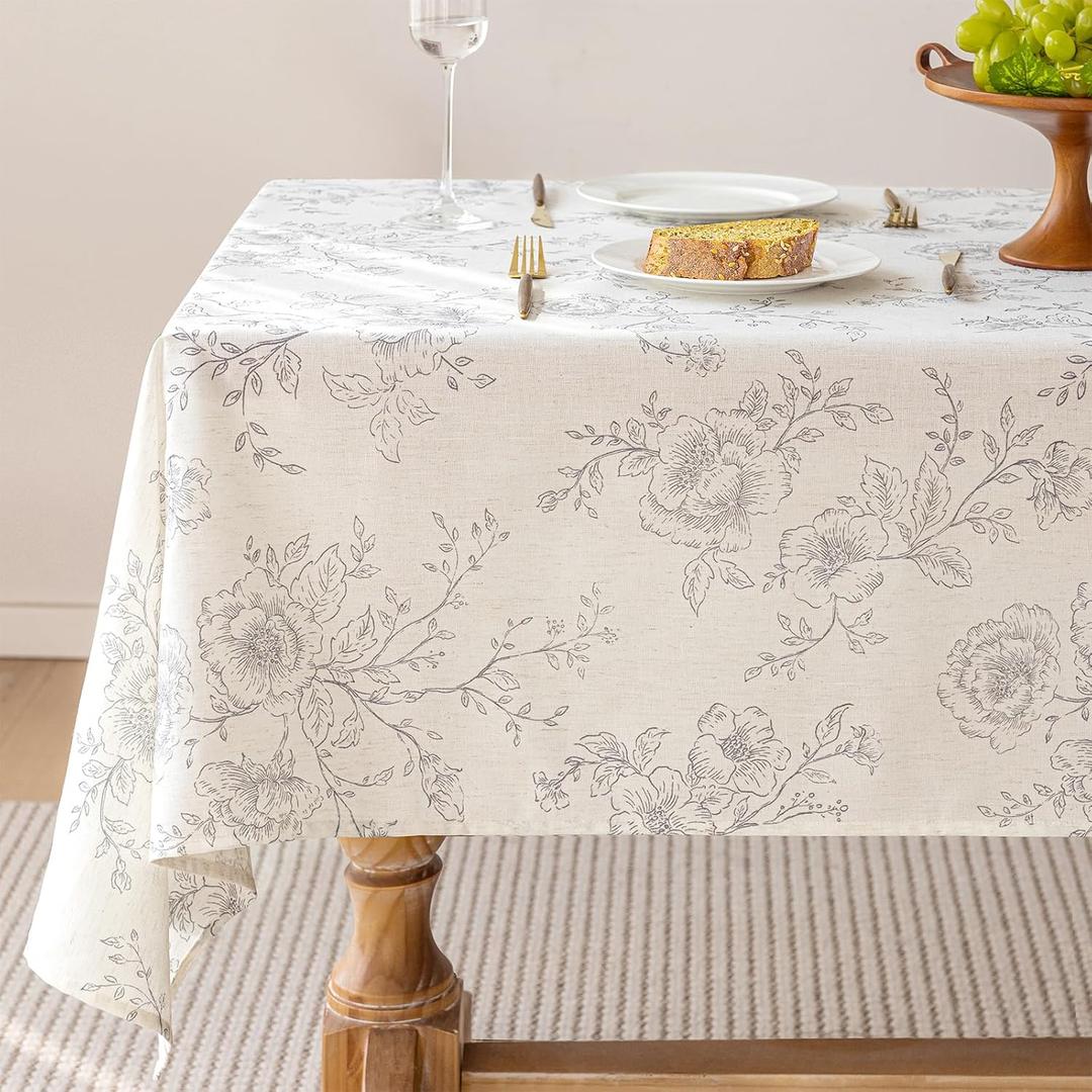 55 x 72 inch Floral Linen Tablecloth Wrinkle Resistant Vintage Farmhouse Tablecloth 6 FT Gray Pattern Printed on Cream Table Cloth Rectangle Cottage Burlap Fabric Table Cover Home Decor Holiday