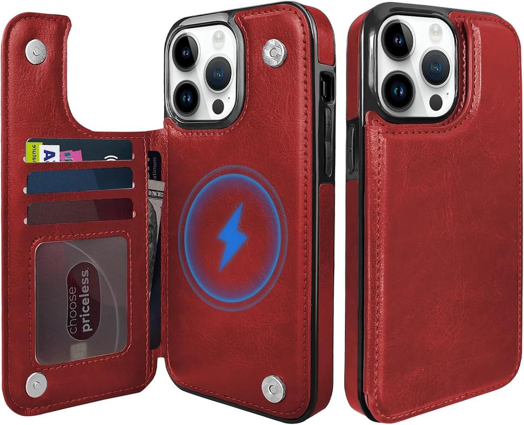 for iPhone 14Pro Max Magnetic Flip Wallet Case 6.7", Compatible with MagSafe, Leather Card Holder Kickstand for iPhone 14 Pro Max (Red, iPhone 14 Pro Max)