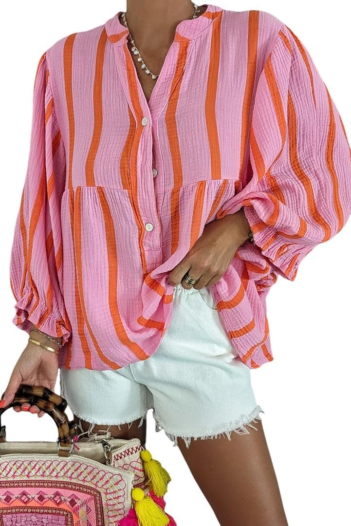 Maketina Womens Puff Sleeve Babydoll Tops Casual V Neck Striped Shirts Cotton Cute Loose Fit Flowy Blouse XL