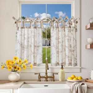 jinchan Floral Kitchen Curtains 24 Inch Linen Tier Curtains Farmhouse Cafe Half Window Drapes Over Sink Light Filtering Taupe on Beige for Living Room Laundry Tie Top 2 Panels
