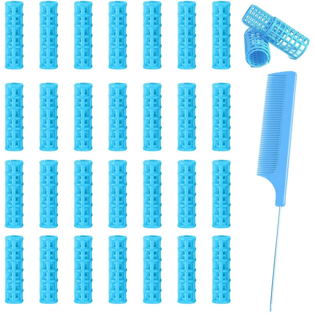 28PCS Small Rollers for Short Hair, 0.6in No Heat Tiny Curlers With Clips Small Roller Hair Curlers Set Mini Snap-On Plastic Hair Rollers(Blue)