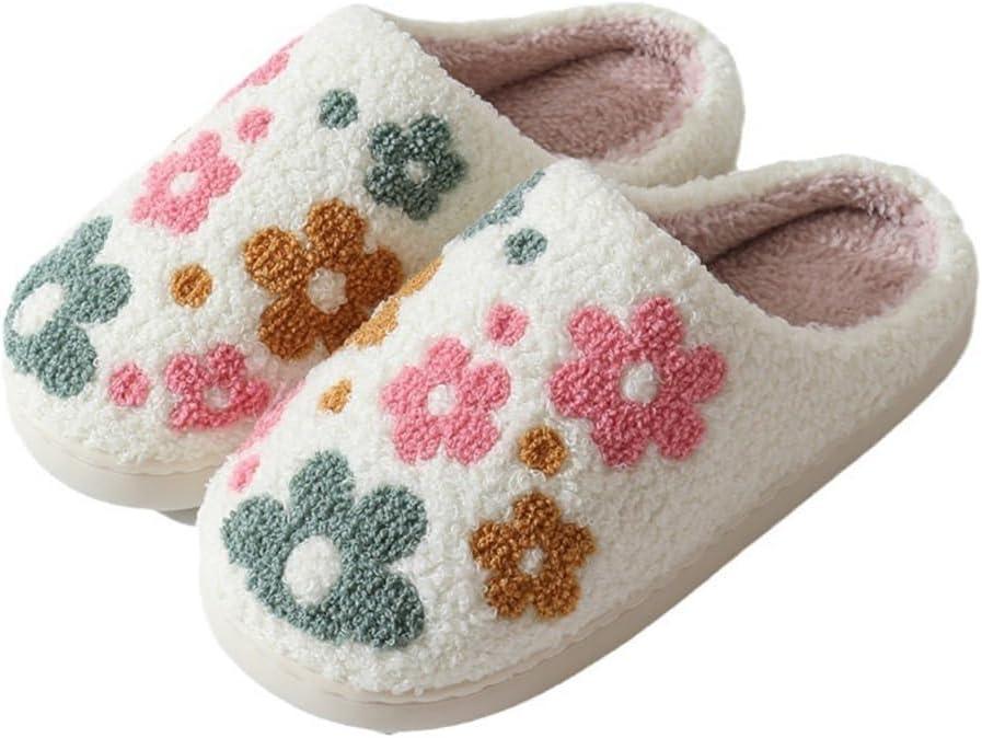 Cozy Furry House Slippers for Women/Men Cute Warm Indoor Non-Slip Winter Cozy Shoes (9.5-10, Floral Christmas)
