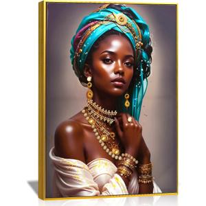 DRLWGTY Framed Wall Art, African Style Elegant Woman Canvas with Handmade Crystals and Gemstones, Large Modern Artwork Ready to Hang for Bedroom, Living Room, Office Decor, 36"L x 24"W