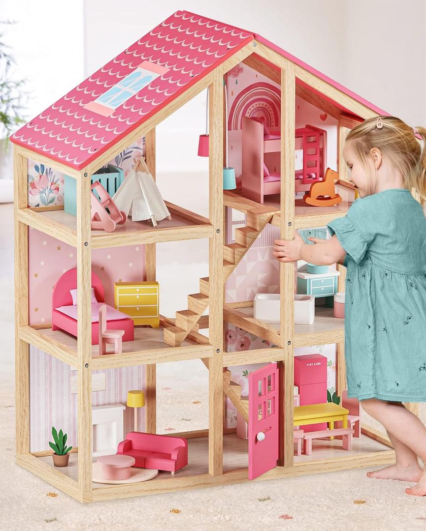 Tiny Land Wooden Dollhouse for Girls - 6 Rooms Wooden Doll House, DIY Pretend Doll House with 31Pcs Furniture Accessories, Creative Gift for Girl Ages 3+ (Pink)