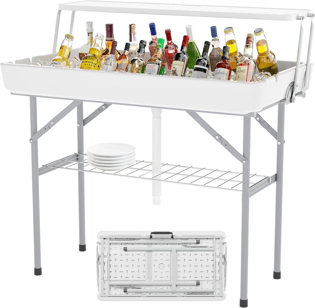 Outdoor Ice Cooler Folding Table with Extra Storage Shelf,Ice Tables for Parties with Drain,Cooler Server for Camping, Picnic, Wedding, BBQ, White (2 Tier)