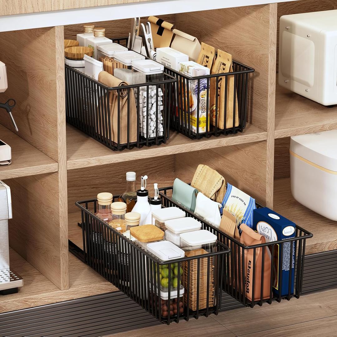 Pull Out Cabinet Organizer, Heavy Duty Pull Out Drawers for Cabinets, Slide Out Drawers for Kitchen Cabinets, Slide Out Cabinet Organizer, Pantry Pull Out Shelves, Black(Pack of 2)