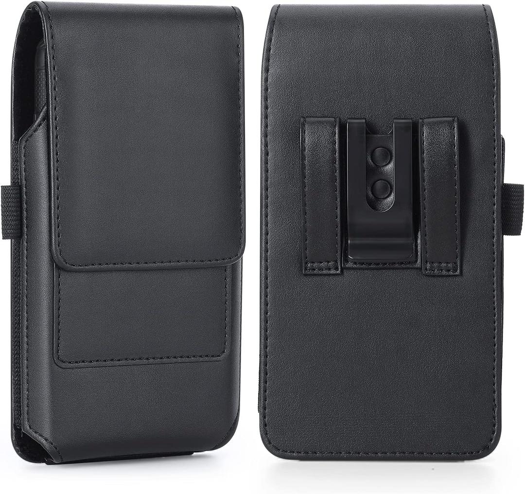 BECPLT Leather Holster Belt Case for iPhone 16 Pro/15/14/13/12/11 Pro & Galaxy S25/S24/S23/S22/S21/S20 - Slim Hard Case with Clip/Loops - Black